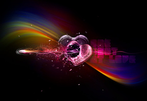 пуля, the shot at love, разбитые сердца, выстрел в любовь, простреленные сердца, полоски, Сердца, радуга, ленточки, черный фон