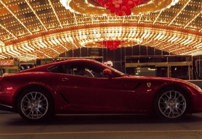 вечер, тачка, красная, огни, Ferrari