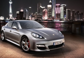 огни, Porsche, серебристый, город