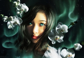 фантастика, сияние, орхидеи, Девушка, взгляд