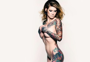 тату, грудь, рука, тело, блондинка, Девушка