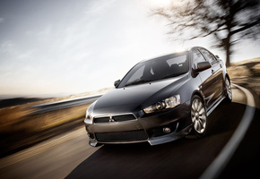 дорога, Mitsubishi lancer evolution x, дерево, размытость