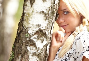 блондинка, косичка, платье, берёза, Девушка