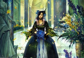 лепестки, рисунок, бант, листья, Девушка, цветы