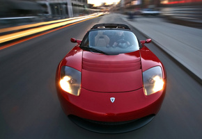 Tesla roadster, скорость, красный, дорога, мужчина
