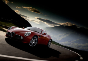 Alfa romeo, дорога, облака, горы