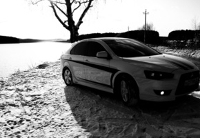 дерево, Mitsubishi, lancer x10, следы, снег, черно-белая