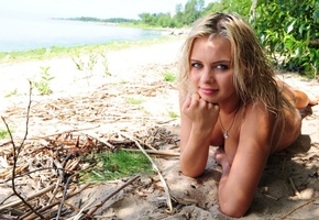 пляж, море, Девушка, лежит, ветки