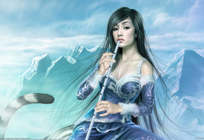 зима, тигр, горы, фэнтези, Девушка