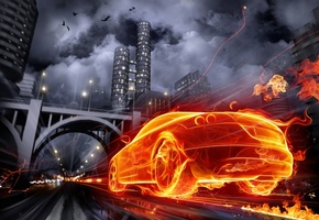 графика, авто, Огонь, город