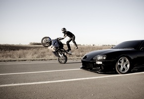 Мотоцикл, дорога, каскадер, toyota