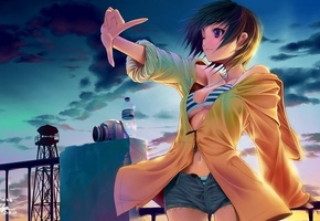 Девушка, закат, фотик, шорты, фотоаппарат, бутылка