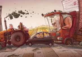 поля, машины, свиньи, дорога, пробка, трактор, Рисунок