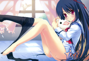 взгляд, Аниме, постель, девушка, колготки