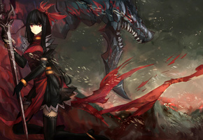 рисунок, монстр, Девушка, дракон, меч, чулки, пасть