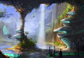 вода, человек, Пещера, колонна, водопад, город