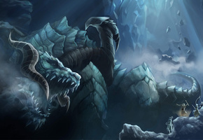 голова, силуэты, пасть, Lineage 2, камни, дракон, горы, клыки