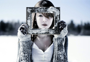 перчатки, снег, Девушка, рамка, холод, зима, лицо, мороз