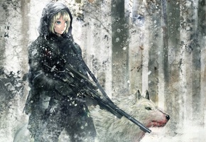 автомат, зима, рисунок, Лес, волк, девушка, кровь