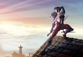 на крыше, Самурай, девушка, воин