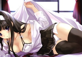 чулки, кровать, Kuroya shinobu, комната, постель, девушка