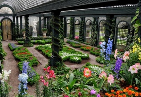 цветы, статуя, Оранжерея, клумбы