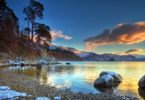 берег, небо, лес, Озеро