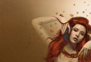 белка, виноград, улитка, осень, листья, Девушка