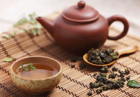 чайник, Чай, ложка, заварка, чашка, листья, циновка