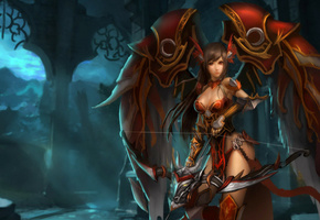 руины, горы, фентези, броня, Девушка, ночь, лук