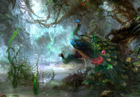 Птицы, пруд, павлины, рисунок, природа, цветы