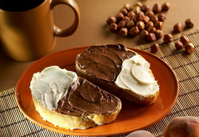 тарелка, хлеб, bread, крем, орехи, Еда, food, шоколад, чашка