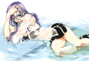 взгляд, девушка, мокрый пол, Аниме, мокрая одежда