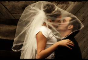 Свадьба, фата, поцелуй, невеста