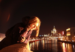 девушка, Город, москва, настроение, прогулка, ночь, река