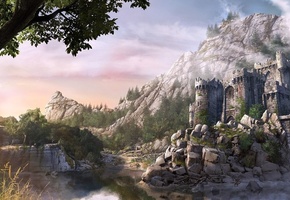 Горы, мост, замок, деревья, крепость, камни, река