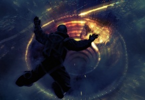 город, Прыжок, парашютист, ночь, полет