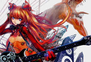 дракон, гитара, колонки, провода, Аниме, девушка