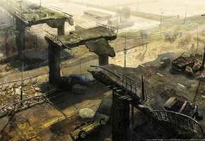 руины, ivan kashubo, мост, пальма, разруха, машины, Арт