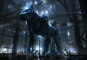 механизм, ангар, собака, люди, Робот, кошка, животное