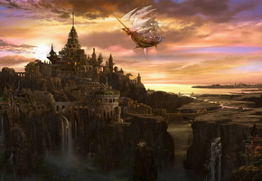 летучий, облака, Арт, город, kazamasa uchio, ucchiey, корабль