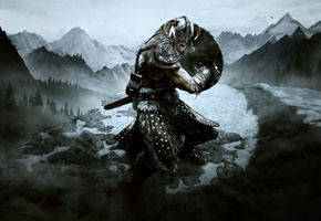 The elder scrolls, меч, воин, skyrim, снег, щит
