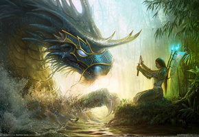Might and magic heroes 6, девушка, монстр, лес, вода, меч, магия