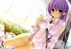 мокрая, рубашка, Fujisaki rei, девушка, цветы