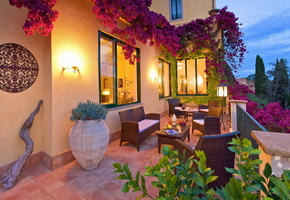 деревья, окна, свет, цветы, Дом, небо, диваны