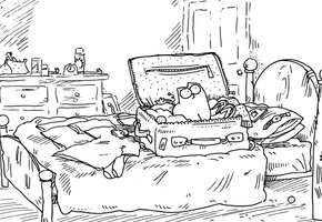 подушка, кровать, чемодан, дверь, Кот, часы, саймона