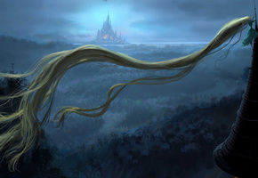 лес, замок, Ночь, башня, девушка, шпиль, платье, волосы