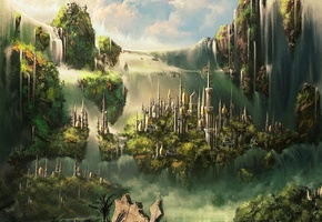 замок, elven castle, Cg wallpapers, шпили, водопады, башни, облака