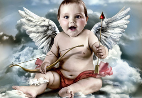 купидон, Ангел, лук, облака, крылья, стрела