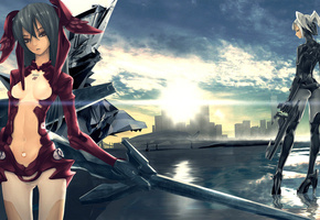 самолет, Девушки, кнопка, солнце, город, робот, оружие